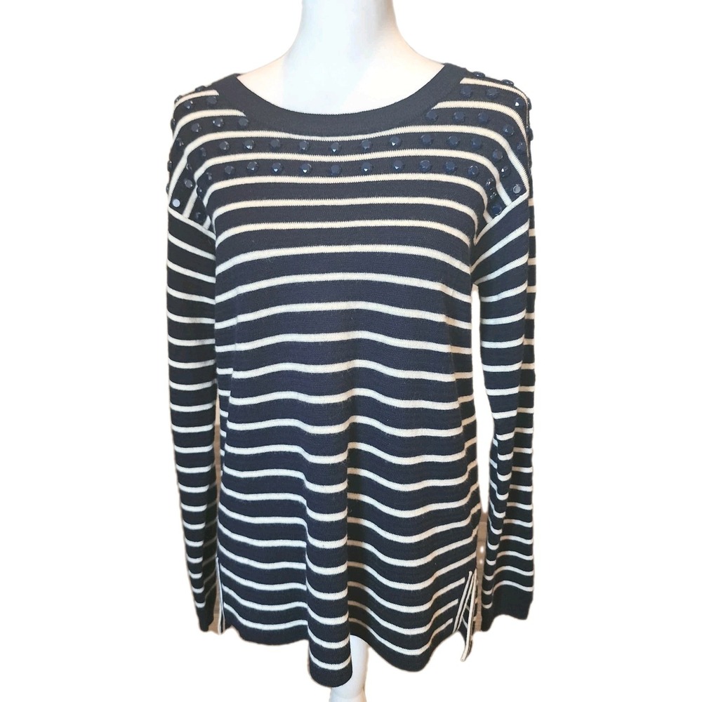 J.Crew Merino Wool Sweater Womens Medium Navy White Jewel Embellishment Preppy